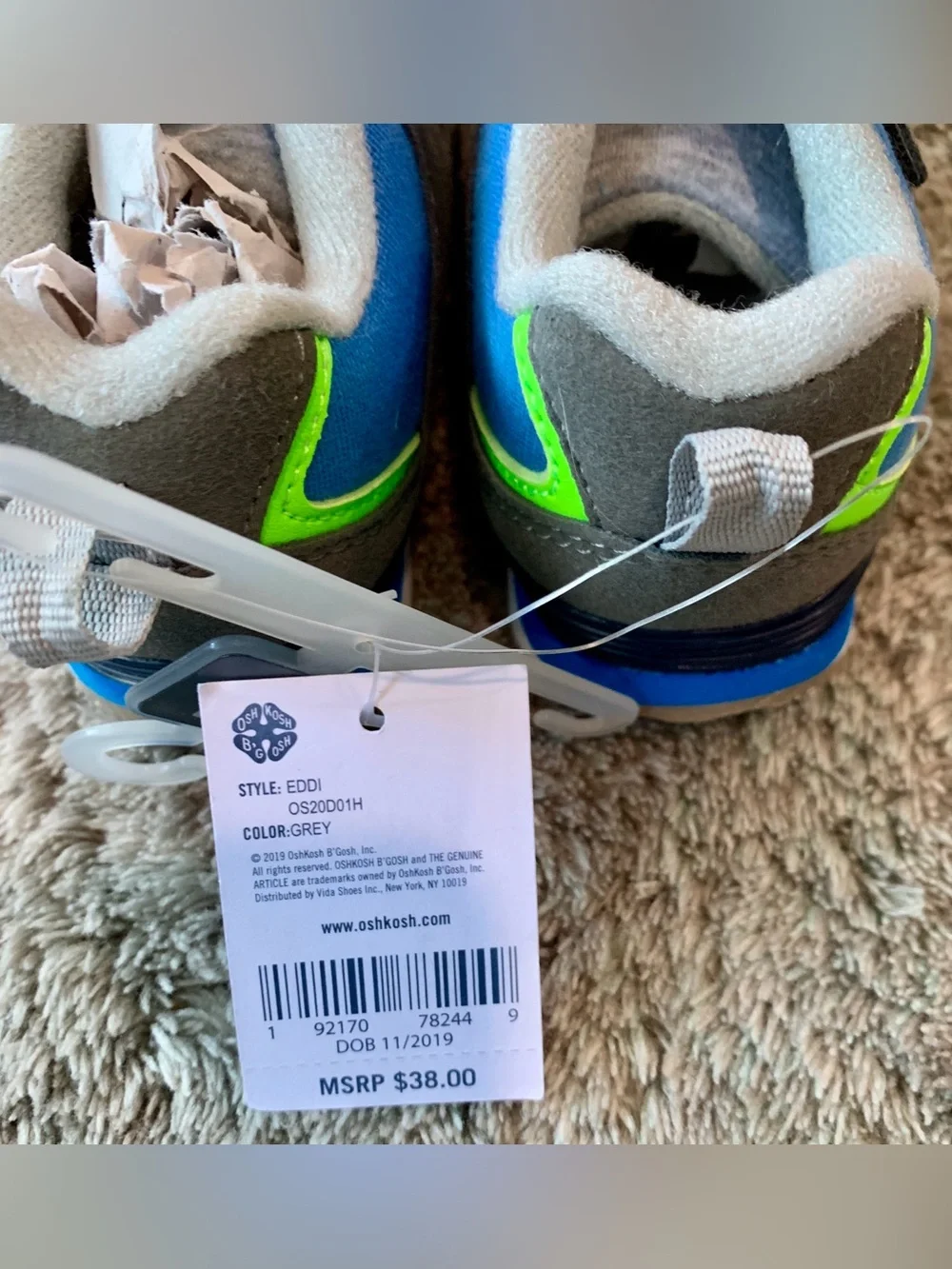 OshKosh B'gosh Gray, Blue & Neon Green Kids Velcro Sneakers